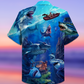 Blue Ship Shark Fishing Small Ocean Hawaiian Shirt Artwork Detail For Tropical Trips And Casual Outings