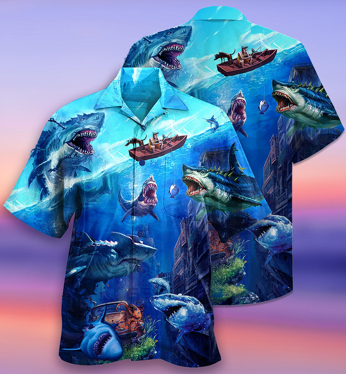 Blue Ship Shark Fishing Small Ocean Hawaiian Shirt For Poolside Relaxation And Sunny Getaways