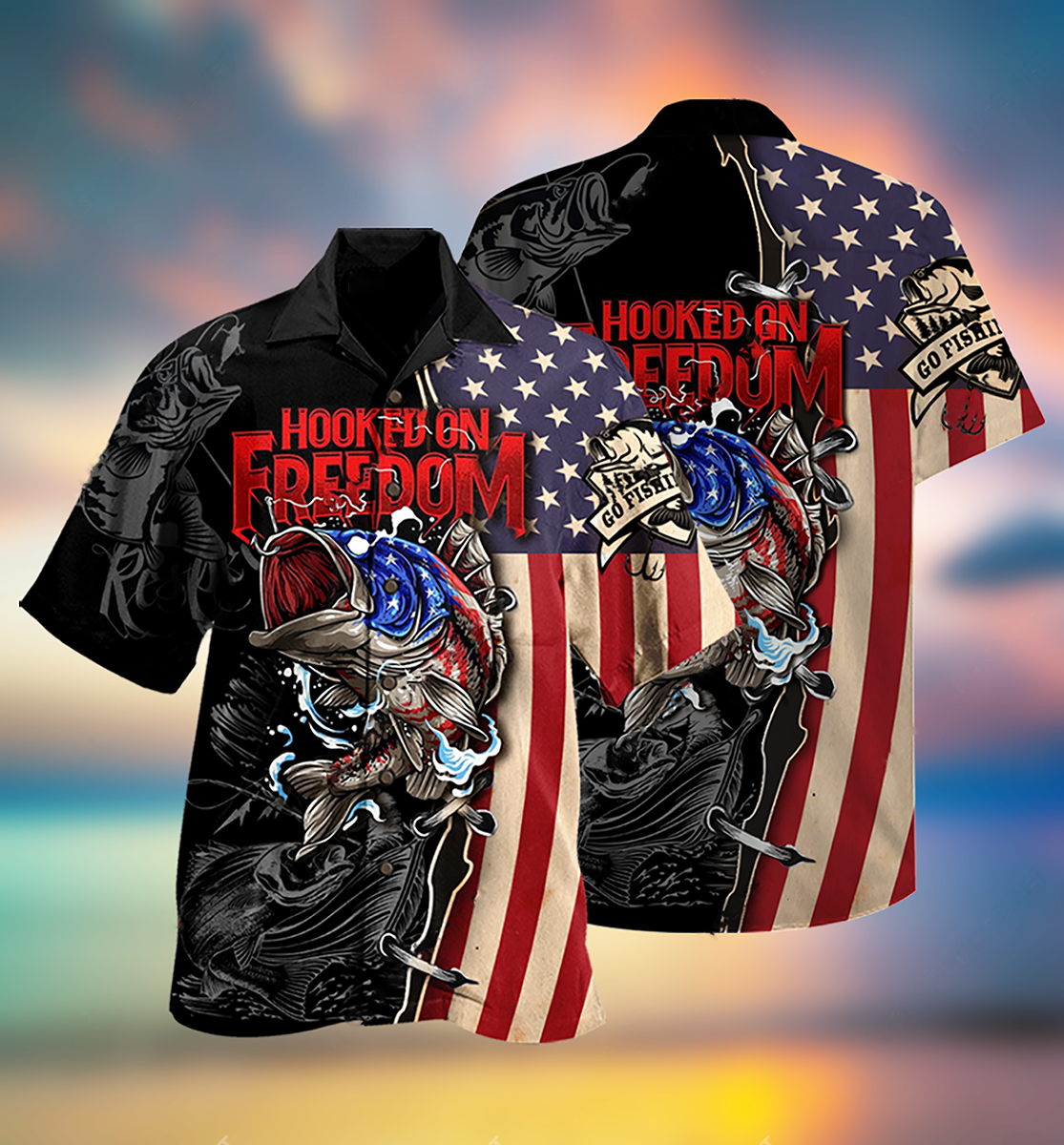 Fishing Hooked Freedom American Hawaiian Shirt Design Detail For Beach Days And Holiday Travel