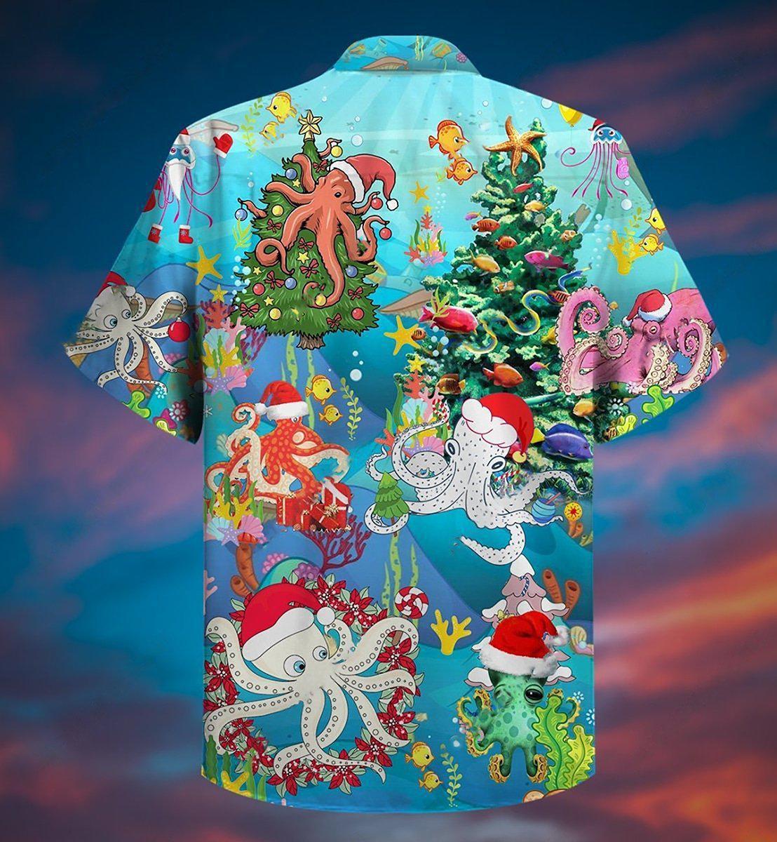Festive Happy Octopus Christmas Hawaiian Shirt Pattern Detail For Vacation Travel And Daily Wear