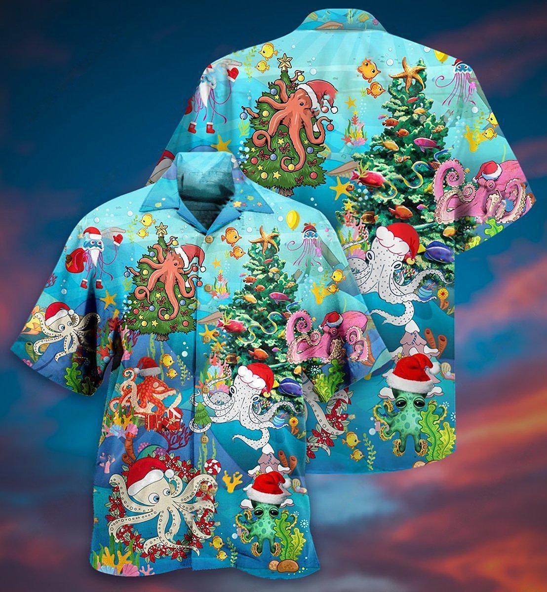 Festive Happy Octopus Christmas Hawaiian Shirt For Warm Weather Adventures And Everyday Comfort
