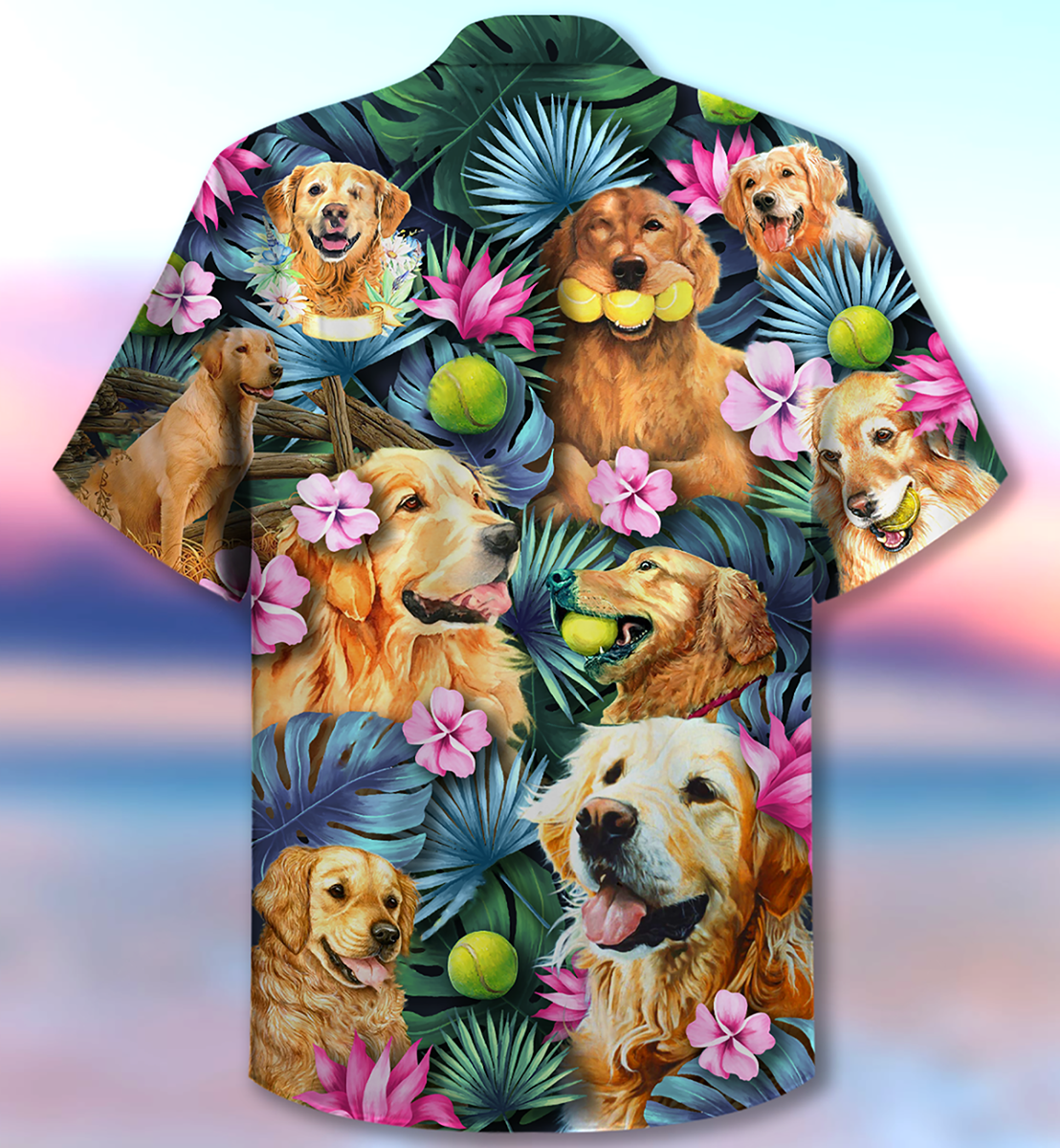 Dog Golden Retriever Hug Hawaiian Shirt Artwork Detail For Tropical Trips And Casual Outings
