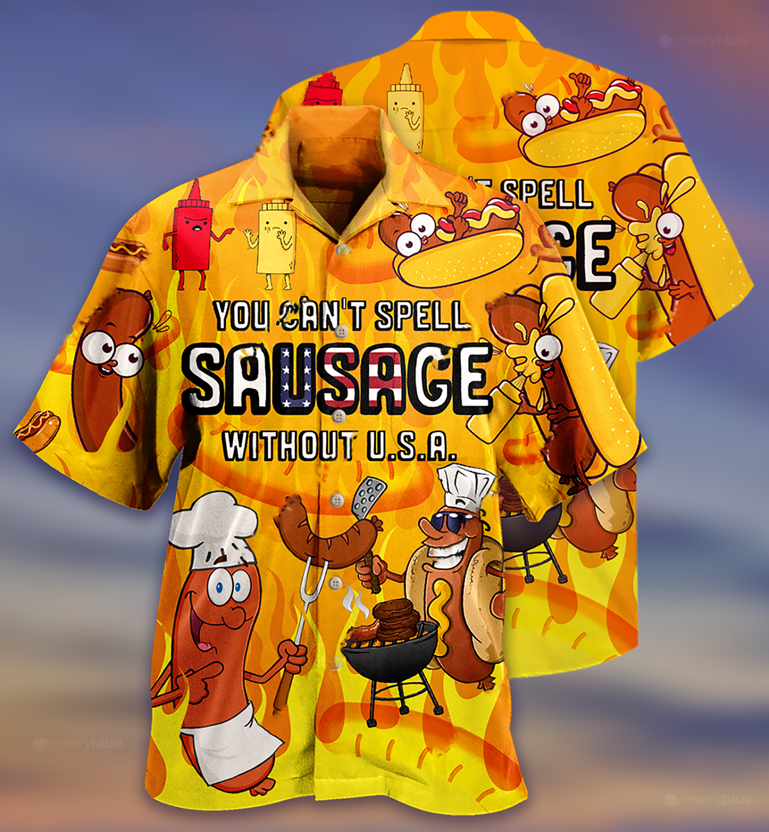 Funny Food Spell Sausage Without USA Hawaiian Shirt Design Detail For Beach Days And Holiday Travel