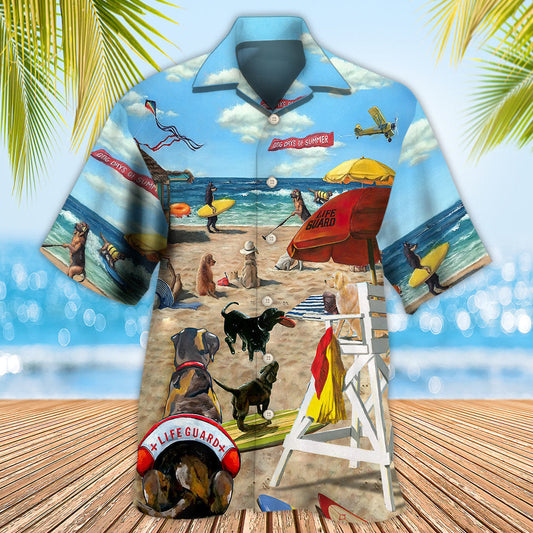 Dog Lifeguard Beach Fun Illustration Hawaiian Shirt Pattern Detail For Summer Holidays And Outdoor Fun