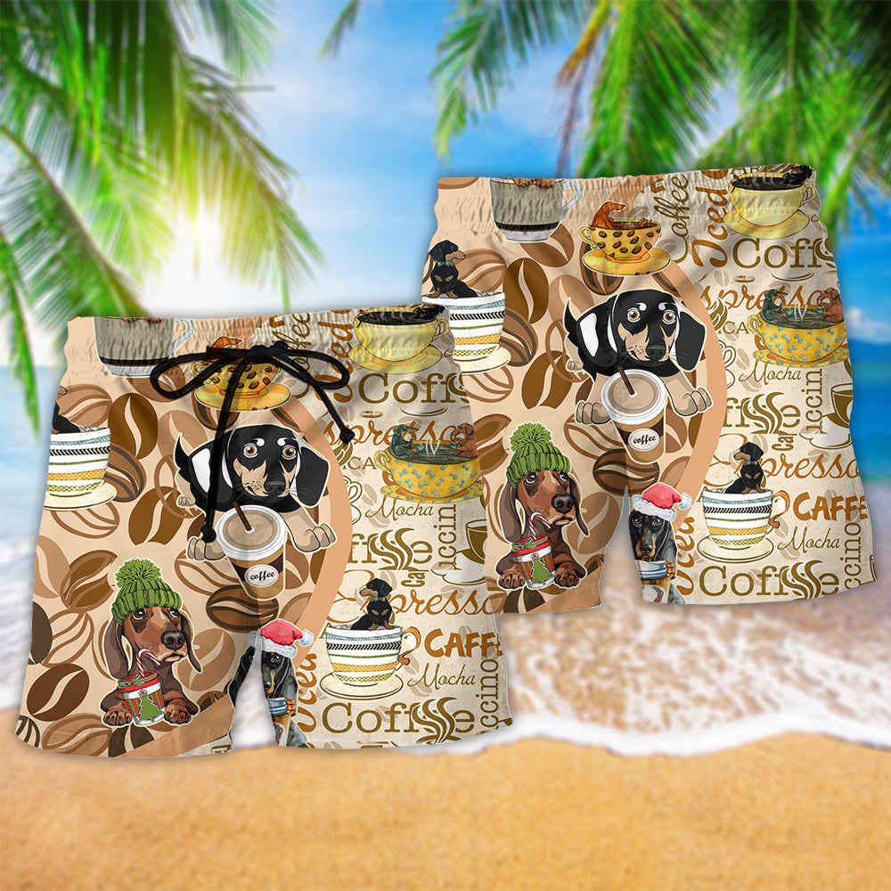 Dachshund Life Coffee Lover Beach Shorts Artwork Detail For Tropical Travel And Everyday Wear