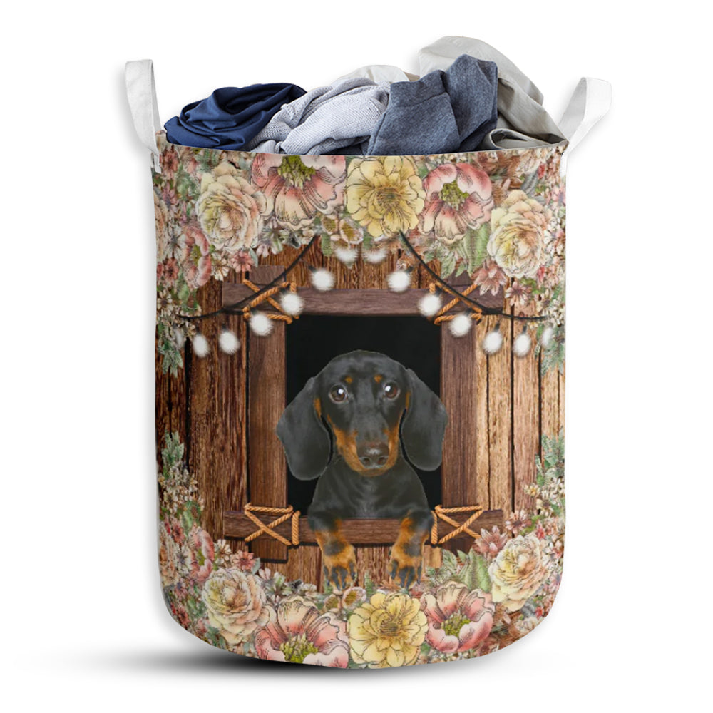Dachshund Flower Wood Laundry Basket For Bathroom Bedroom Storage