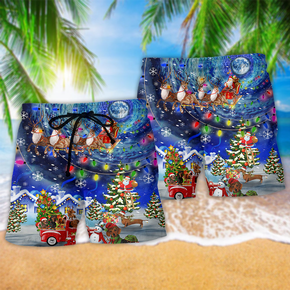 Dachshund Christmas Night Beach Shorts Pattern Detail For Island Trips And Casual Outdoor Comfort