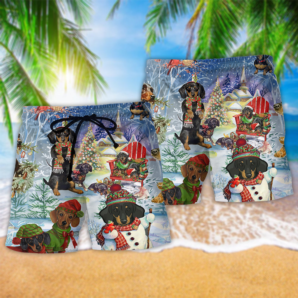 Dachshund Snow Christmas Beach Shorts Pattern Detail For Beachside Relaxation And Laid Back Daily Wear