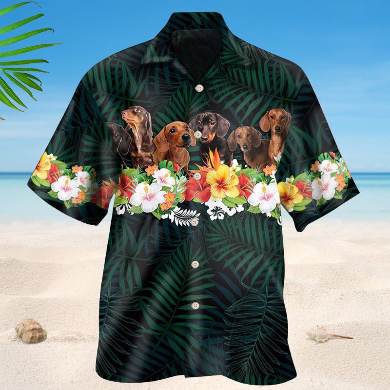 Tropical Dachshund Green Hawaiian Shirt For Animal Lovers, Beach Travel, And Casual Summer Style