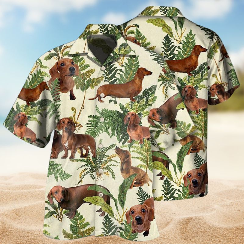Tropical Dachshund Leaf Dog Hawaiian Shirt For Summer Vacation, Beach Travel, And Casual Wear