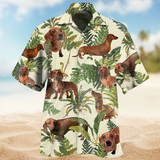 Tropical Dachshund Leaf Dog Hawaiian Shirt For Summer Vacation, Beach Travel, And Casual Wear