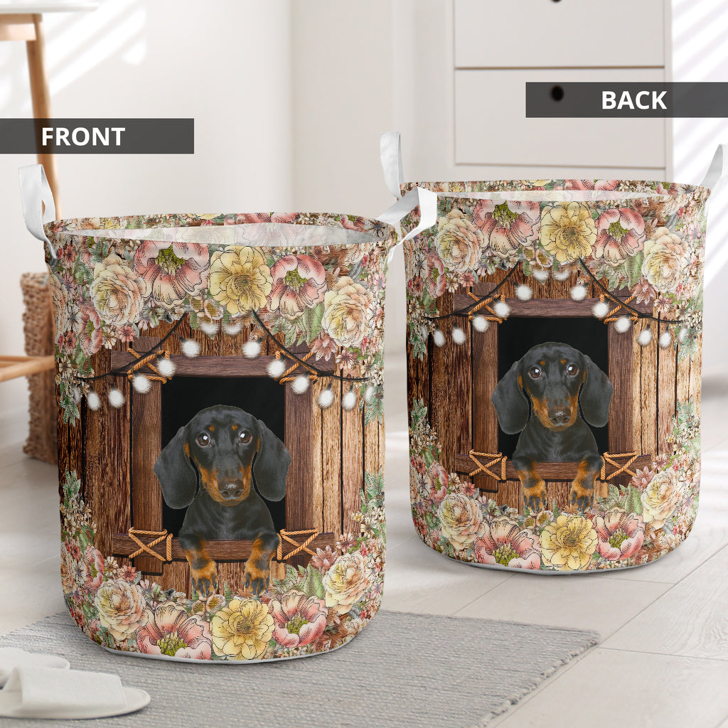 Dachshund Flower Wood Laundry Basket For Room Home Organizer
