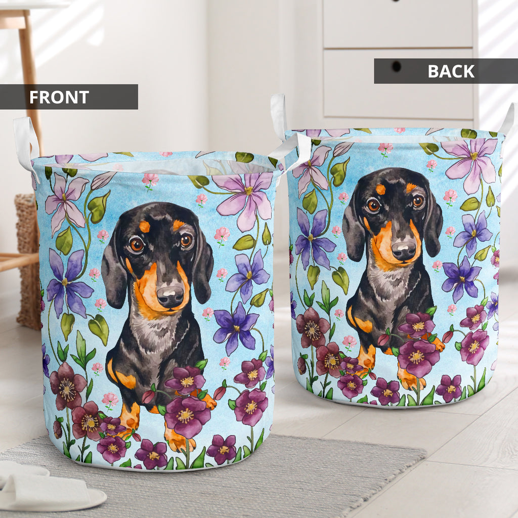 Dachshund Watercolor Flower Laundry Basket For Room Home Organizer