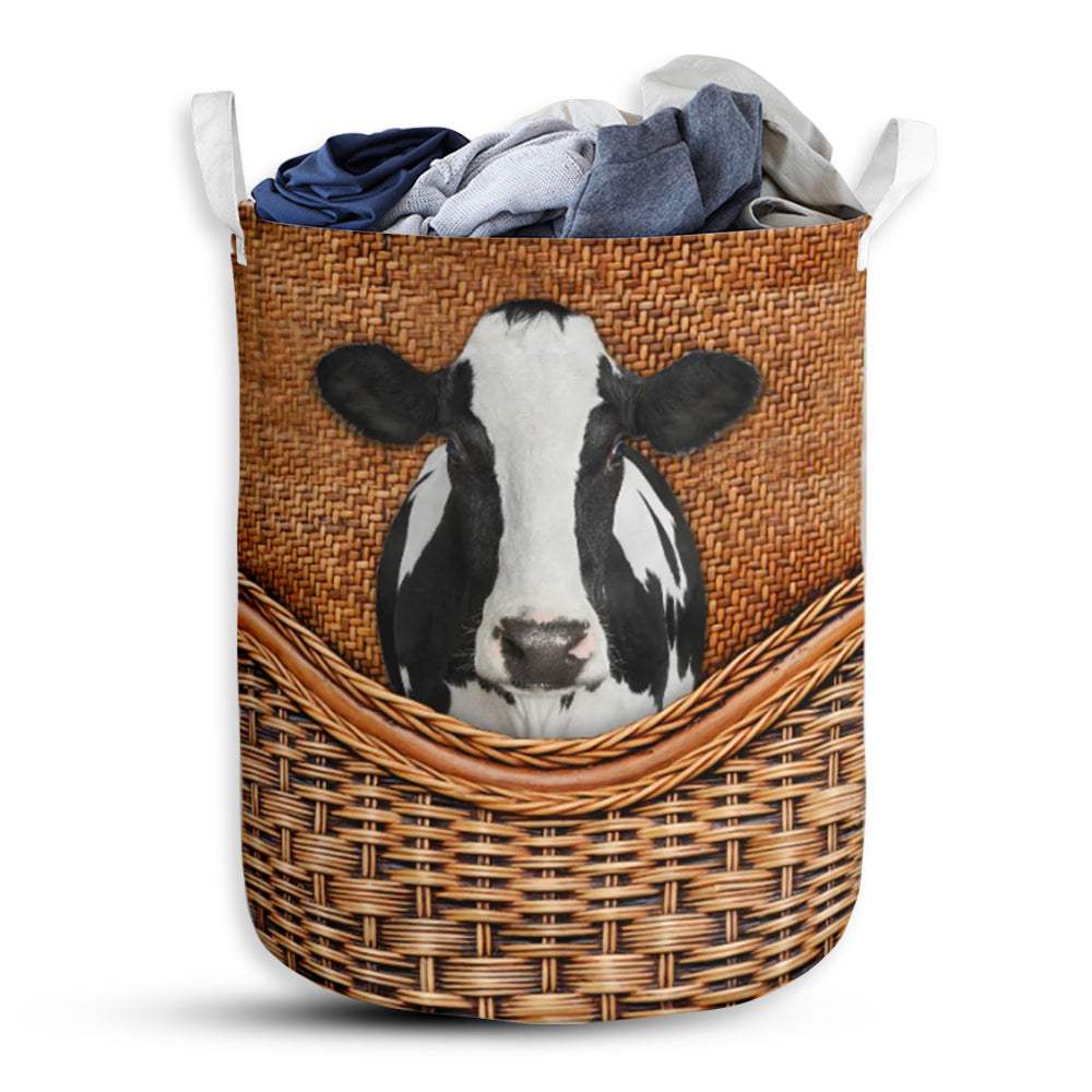 Dairy Cow Rattan Texture Laundry Basket For Bathroom Bedroom Storage