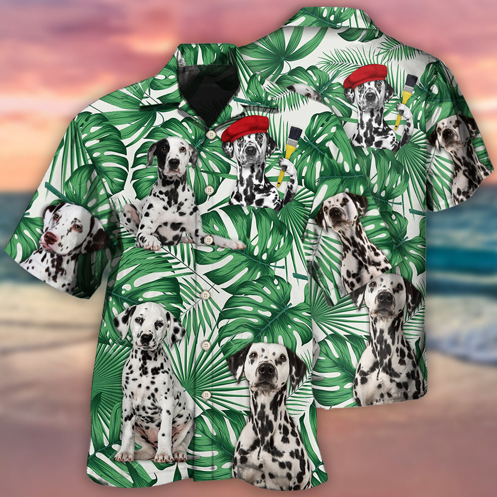 Tropical Dalmatian Leaf Dog Pattern Hawaiian Shirt For Coastal Travel, Casual Events, And Comfortable Summer Wear