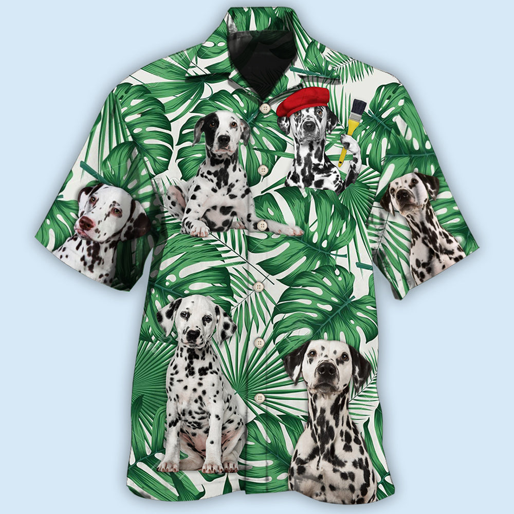 Tropical Dalmatian Leaf Dog Pattern Hawaiian Shirt For Coastal Travel, Casual Events, And Comfortable Summer Wear