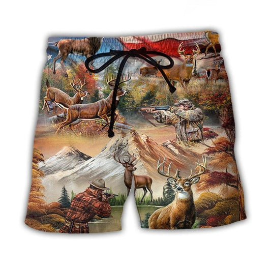 Deer Hunting USA Flag Independence Day Beach Shorts Artwork Detail For Tropical Travel And Everyday Wear