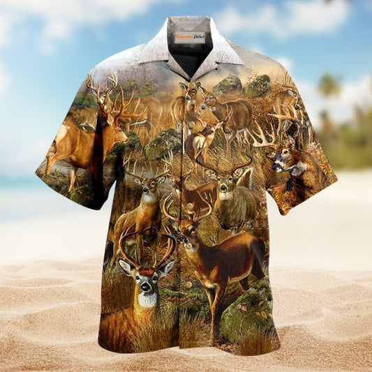 Deer In The Dry Forest Hawaiian Shirt For Resort Vacations Animal Fans And Casual Warm Weather Style
