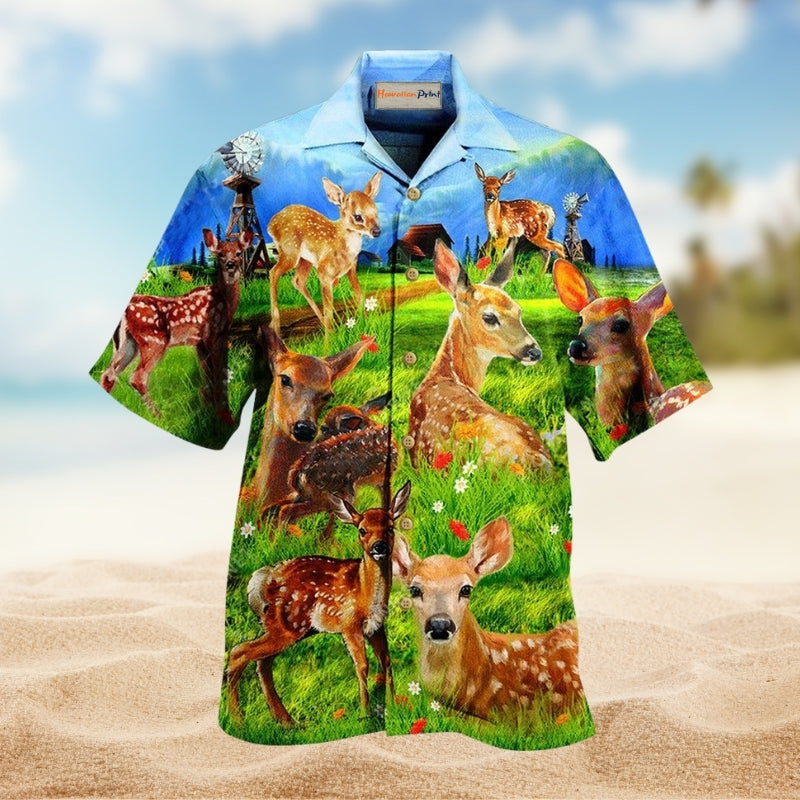 Deer On The Grass Field Hawaiian Shirt For Resort Travel Summer Events And Thoughtful Casual Gifting