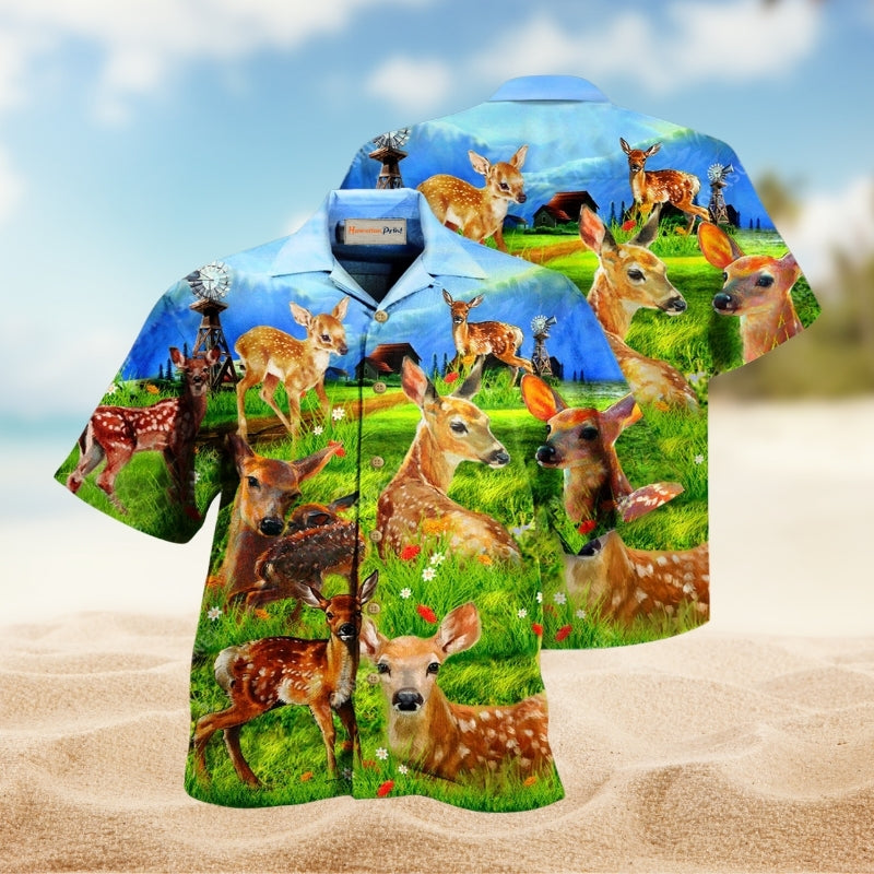 Deer On The Grass Field Hawaiian Shirt For Resort Travel Summer Events And Thoughtful Casual Gifting