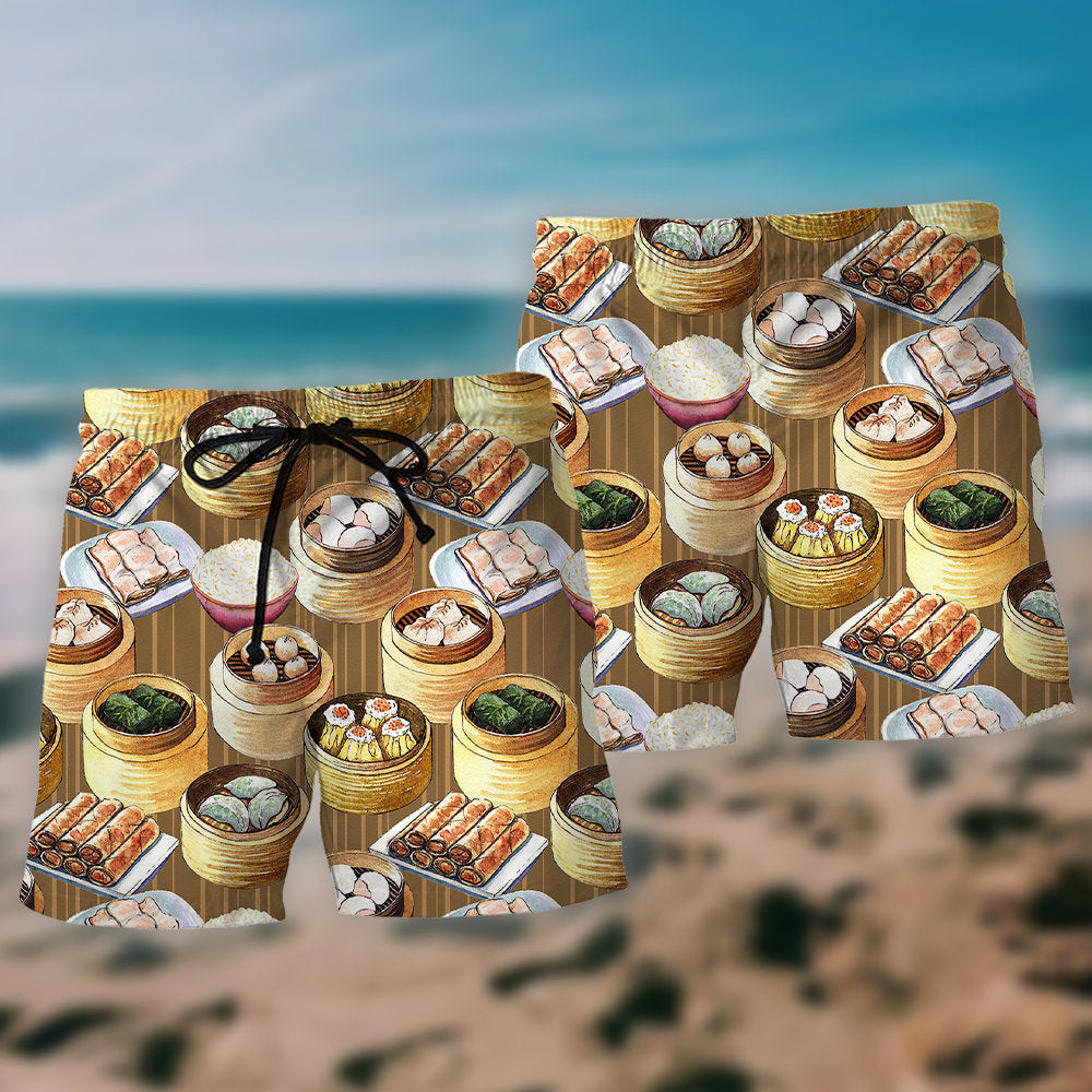 Delicious Dimsum Food Beach Shorts Artwork Detail For Comfortable Everyday Summer Wear