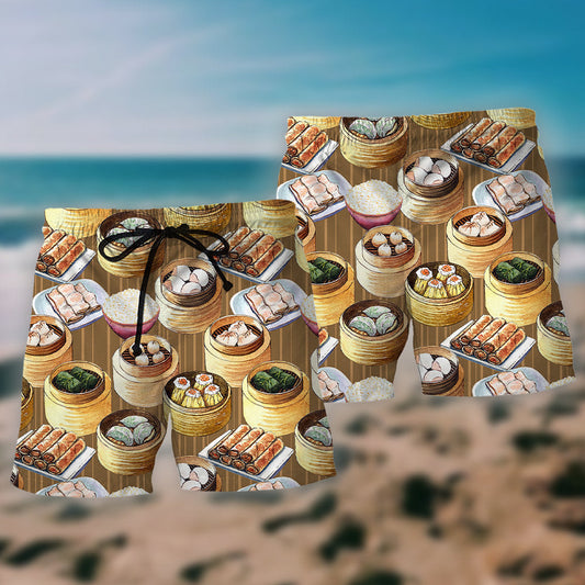 Delicious Dimsum Food Beach Shorts Artwork Detail For Comfortable Everyday Summer Wear