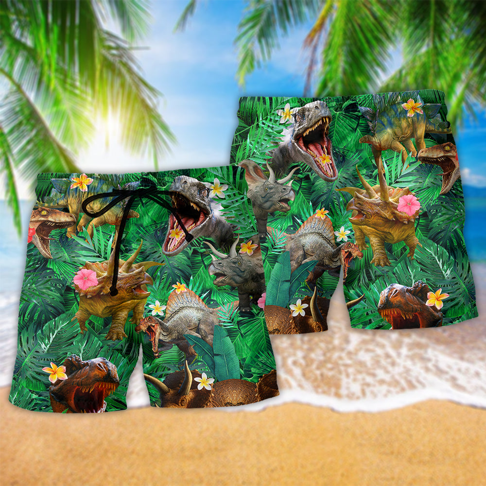 Dinosaur Aloha Colorful Style Hawaiian Print Beach Shorts For Beach Days And Coastal Travel