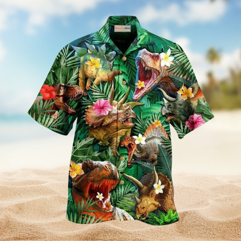 Dinosaur Aloha Style Hawaiian Shirt For Island Getaways Beach Parties And Comfortable Vacation Style