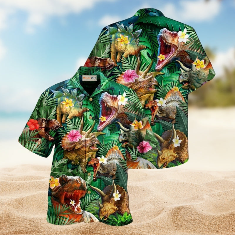Dinosaur Aloha Style Hawaiian Shirt For Island Getaways Beach Parties And Comfortable Vacation Style