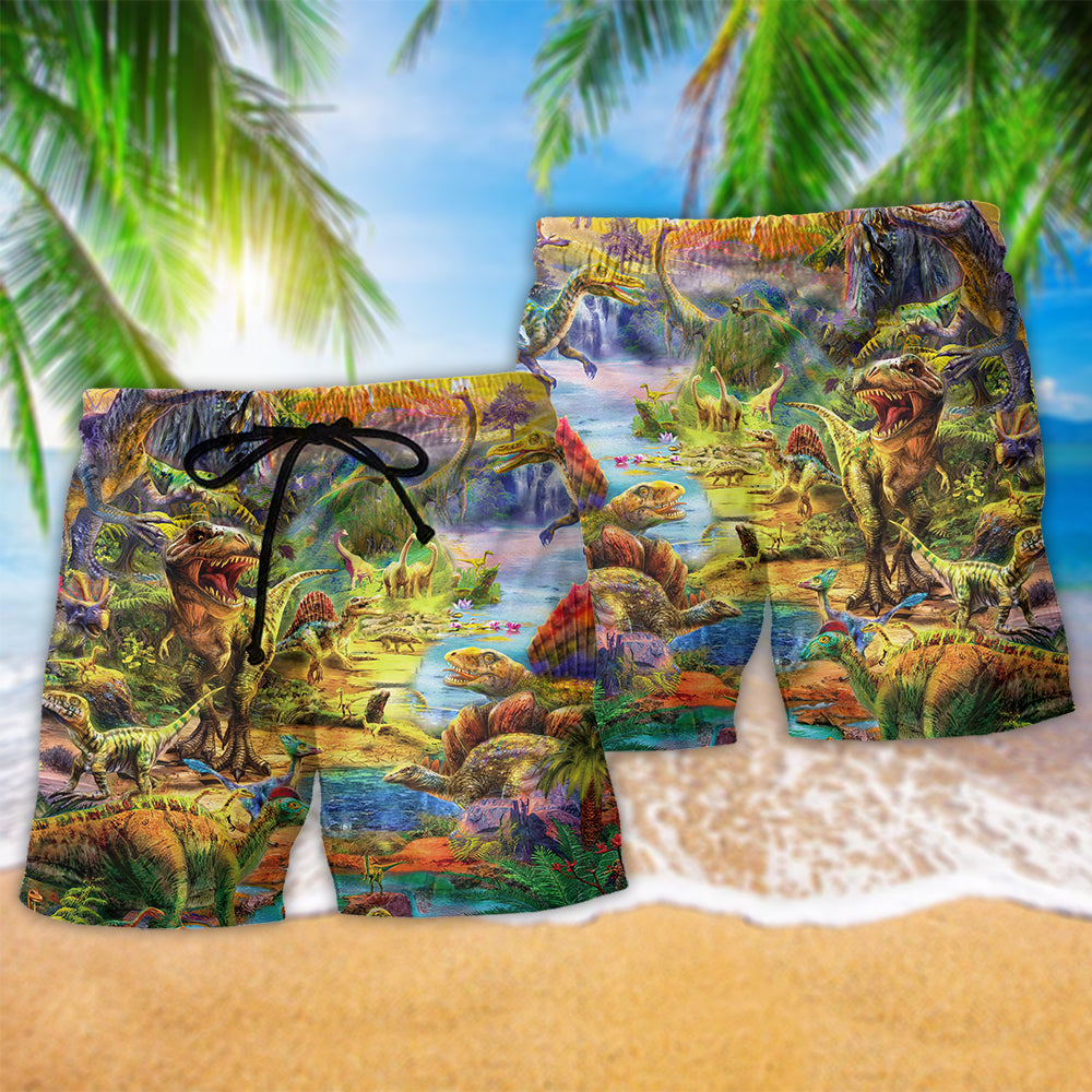 Colorful Dinosaur World Beach Shorts Pattern Detail For Warm Weather Comfort And Flexible Everyday Wear
