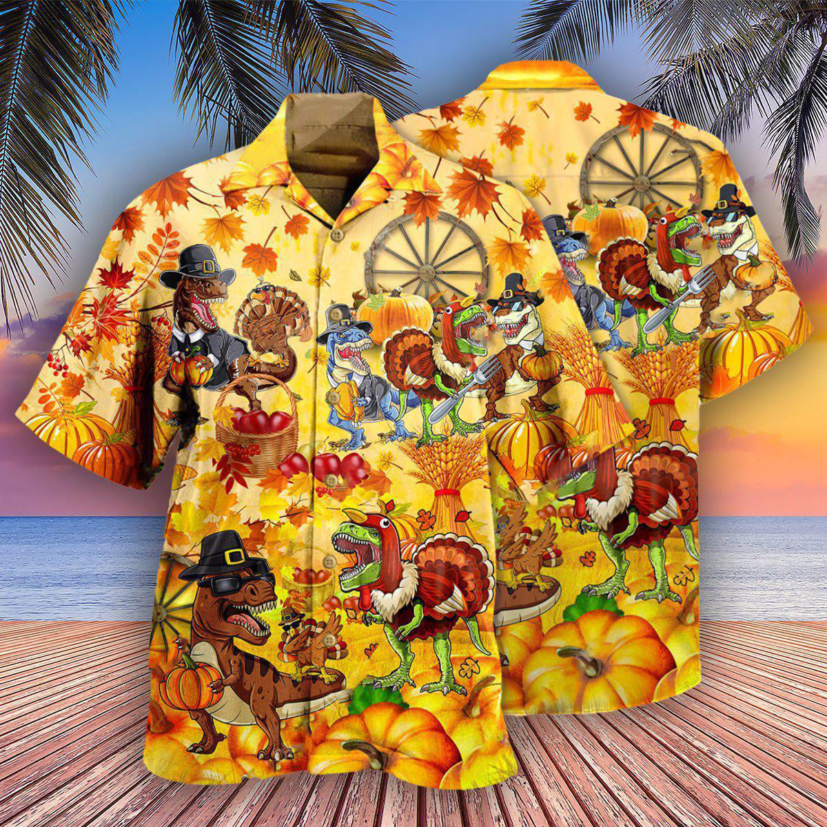 Autumn Dinosaur Hawaiian Shirt With All Over Print For Summer Vacation Beach Travel And Casual Wear