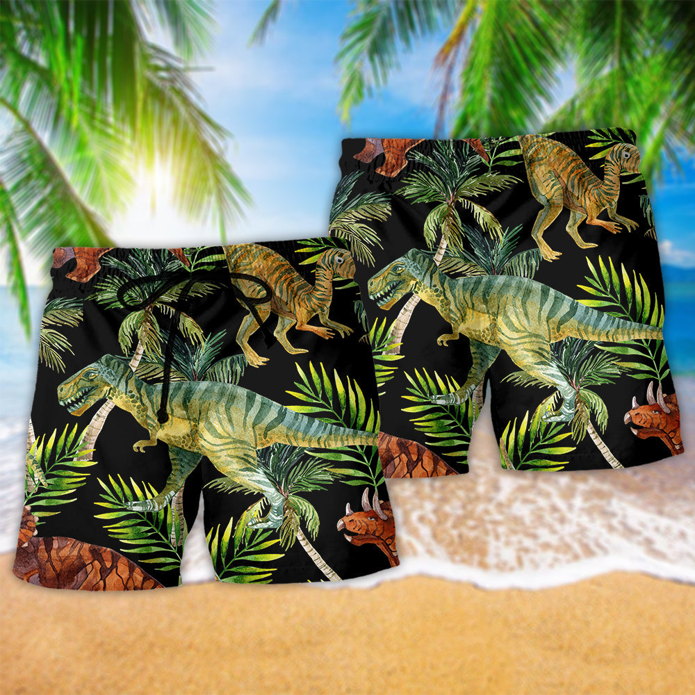 Dinosaur Ancient Jungle Adventure Beach Shorts Design Detail For Casual Warm Weather Outfits