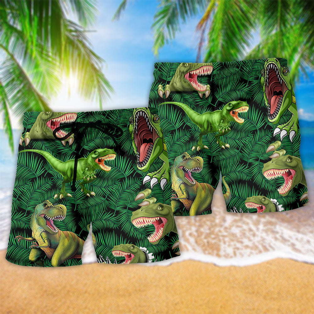 Green Dinosaur Beach Shorts Pattern Detail For Leisure Travel And Comfortable Daily Wear