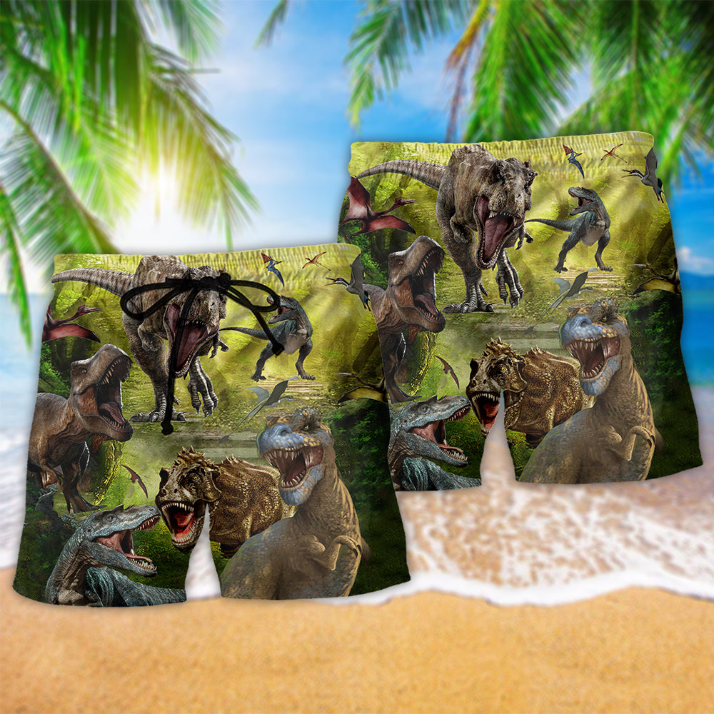 Cute Green Dinosaur Beach Shorts Pattern Detail For Vacation Style And Laid Back Daily Wear