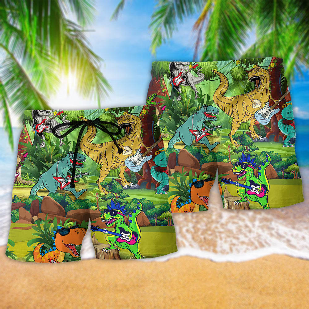 Rockstar Dinosaur Guitar Beach Shorts Pattern Detail For Outdoor Activities And Comfortable Daily Wear