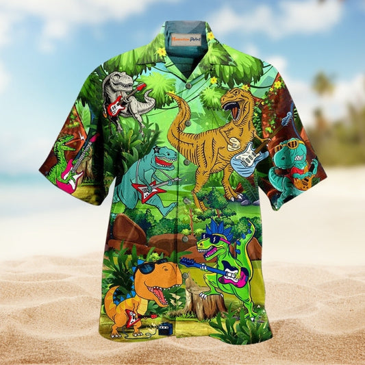 Dinosaur Play Guitar Like A Star Hawaiian Shirt For Coastal Vacations Live Music Fans And Everyday Wear
