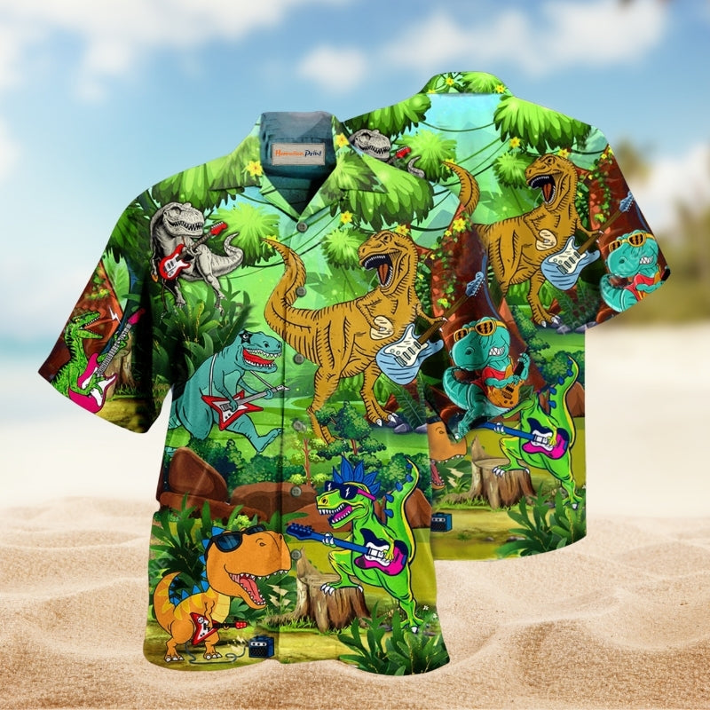 Dinosaur Play Guitar Like A Star Hawaiian Shirt For Coastal Vacations Live Music Fans And Everyday Wear