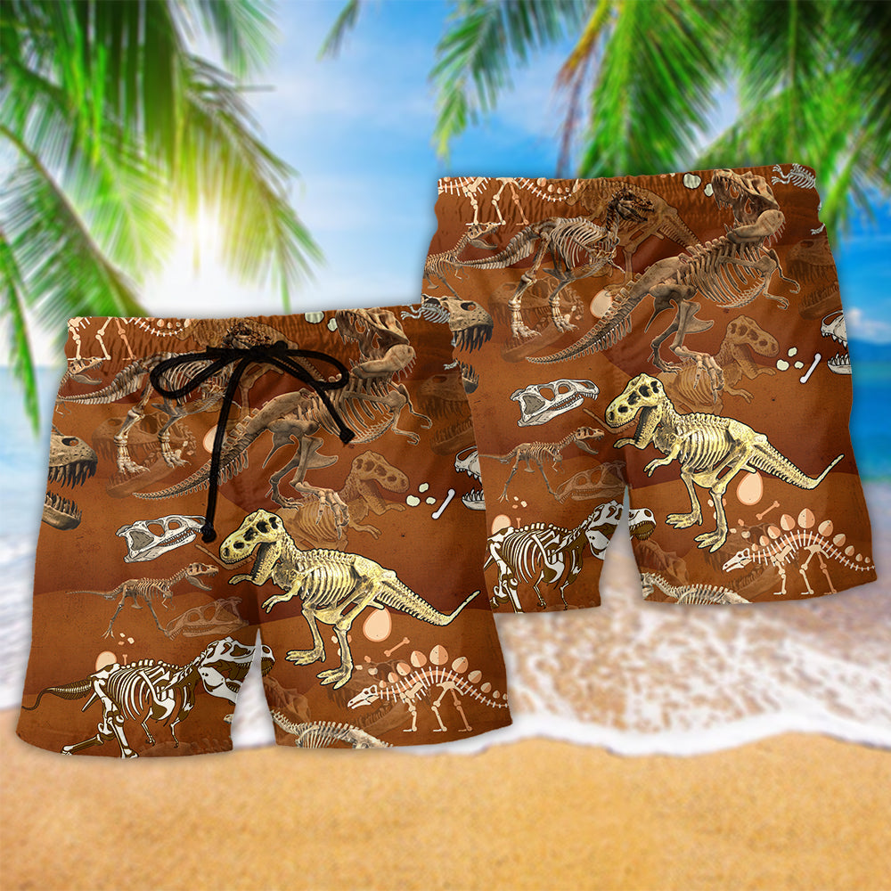 Dinosaur T Rex Skull Hawaiian Print Beach Shorts For Coastal Trips And Outdoor Wear