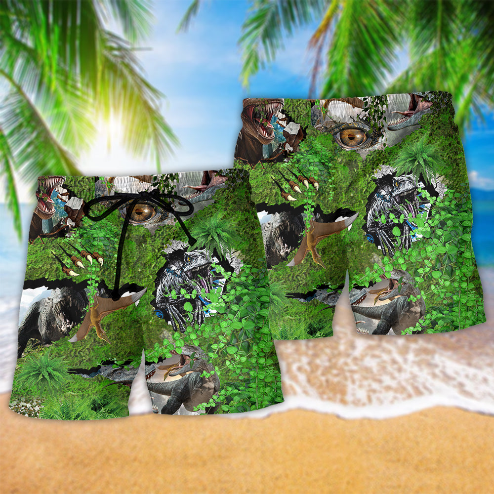 Friendly T Rex Greeting Beach Shorts Pattern View For Coastal Holidays And Casual Activities