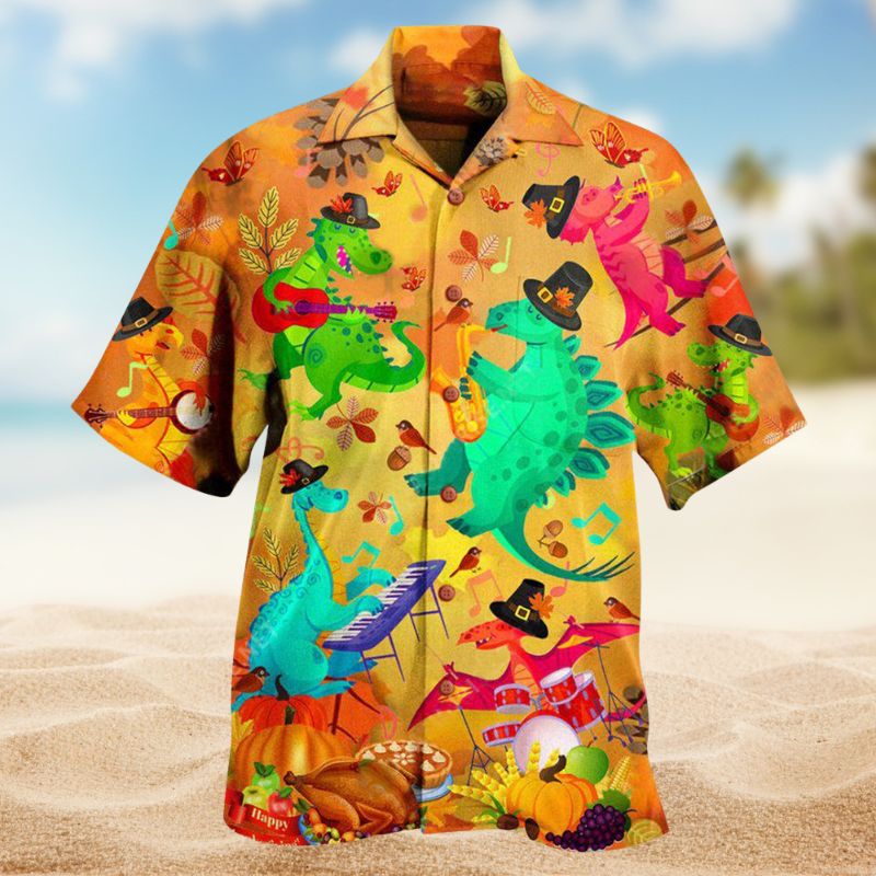 Dinosaur Thanksgiving Hawaiian Shirt For Island Vacations, Weekend Events, And Relaxed Everyday Outfits