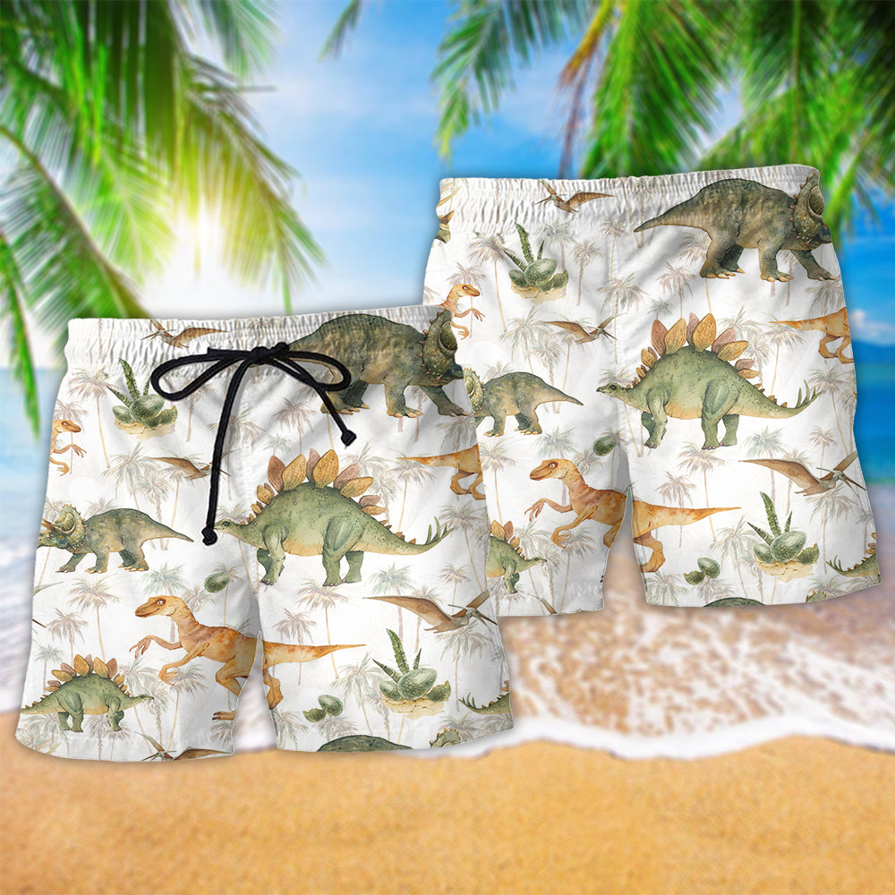 Dinosaur Tropical Minimal White Beach Shorts Pattern Detail For Cruise Vacations And Distinctive Seasonal Style