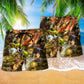 Dinosaur Battle Fire Fantasy Beach Shorts Design Detail For Casual Warm Weather Outfits