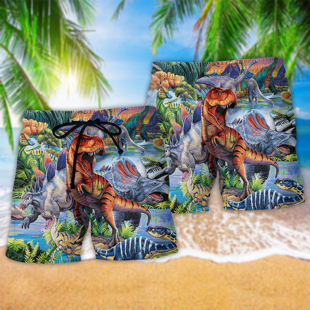 Dinosaur World Beach Shorts Pattern Detail For Everyday Outings And Warm Weather Wardrobe