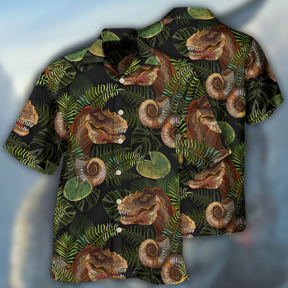 Tropical Dinosaur Leaves Pattern Hawaiian Shirt For Island Vacations, Weekend Events, And Relaxed Everyday Outfits