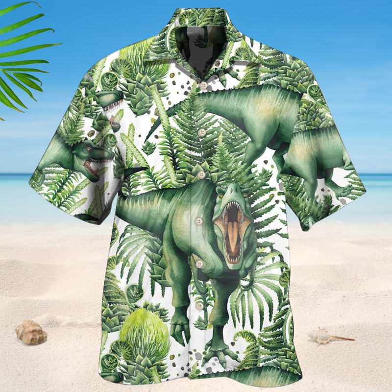 Tropical Dinosaur Green Leaf Hawaiian Shirt For Resort Trips, Coastal Parties, And Warm Weather Style