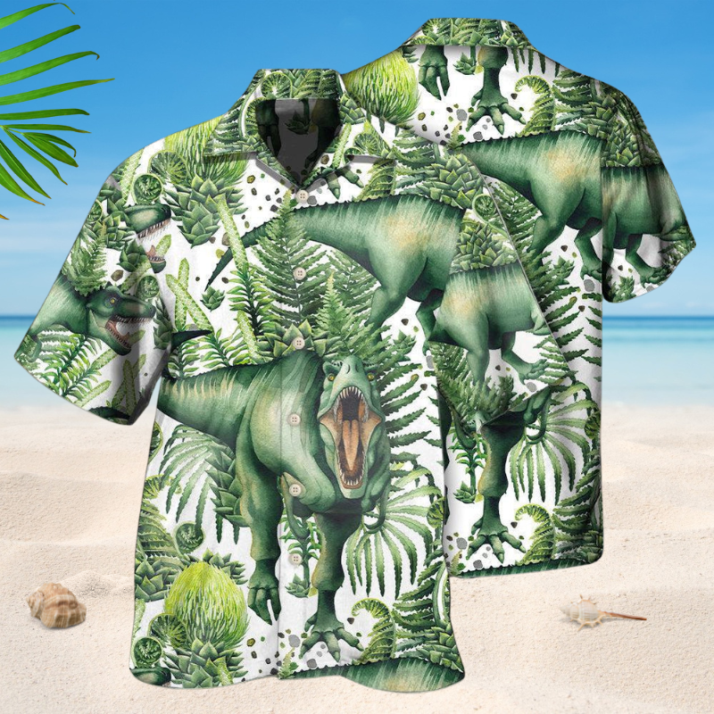 Tropical Dinosaur Green Leaf Hawaiian Shirt For Resort Trips, Coastal Parties, And Warm Weather Style