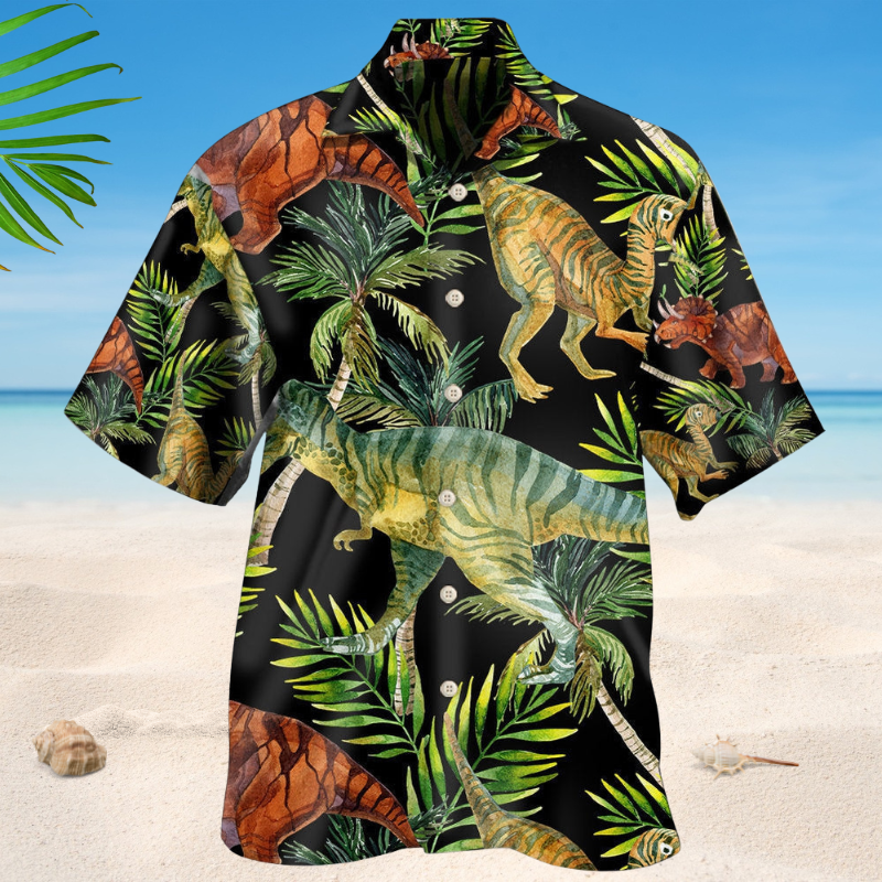 Dinosaur Jungles Hawaiian Shirt For Summer Vacation, Beach Travel, And Casual Wear