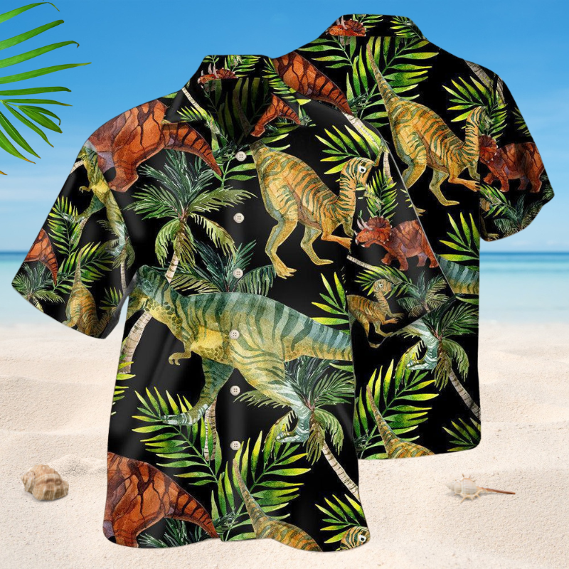 Dinosaur Jungles Hawaiian Shirt For Summer Vacation, Beach Travel, And Casual Wear