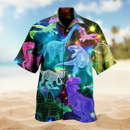 Colorful Neon Dinosaurs Full Hawaiian Shirt For Resort Trips, Coastal Parties, And Warm Weather Style