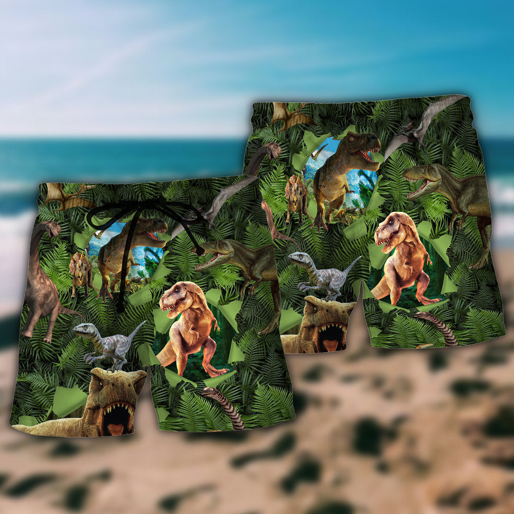 Dinosaur Roar Loud Adventure Beach Shorts Pattern Detail For Sunny Day Activities And Memorable Gift Ideas